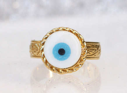 BLUE EVIL EYE Ring, Adjustable Ring, Gold Plated Shell Ring, Evil Eye Jewelry, Turquoise Evil Eye Bead Ring, greek jewelry, Ring For Woman