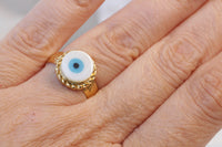 BLUE EVIL EYE Ring, Adjustable Ring, Gold Plated Shell Ring, Evil Eye Jewelry, Turquoise Evil Eye Bead Ring, greek jewelry, Ring For Woman