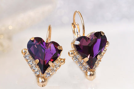 HEART PURPLE EARRINGS, Rebeka Amethyst Drop Earrings, Heart Shaped Earrings, Valentines Day Gift For Girlfriend, Anniversary Wife Gift,