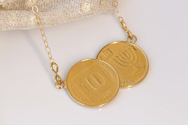 COIN NECKLACE, Old Israeli Coin, Antique Coin pendant Copy, Gold Coin Israel Necklace, Menorah Jewelry, Money Jewelry, Gold Disc Necklace