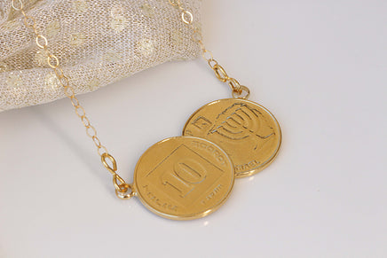 COIN NECKLACE, Old Israeli Coin, Antique Coin pendant Copy, Gold Coin Israel Necklace, Menorah Jewelry, Money Jewelry, Gold Disc Necklace