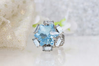 AQUAMARINE RING, Rebeka Crystal, Star Ring, Cocktail Ring, Gift For Women, Unique Ring, Light Blue Stone Ring, Baguette Stone Ring, Xmas