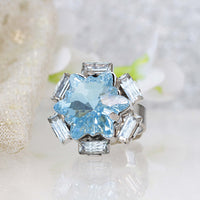 AQUAMARINE RING, Rebeka Crystal, Star Ring, Cocktail Ring, Gift For Women, Unique Ring, Light Blue Stone Ring, Baguette Stone Ring, Xmas
