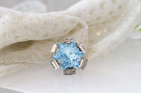 AQUAMARINE RING, Rebeka Crystal, Star Ring, Cocktail Ring, Gift For Women, Unique Ring, Light Blue Stone Ring, Baguette Stone Ring, Xmas