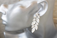 CLUSTER WEDDING EARRINGS, Big Leaves Earrings, White Crystal Earrings, Rebeka Earrings, Bridal White Earrings, Rebeka Clear Earrings