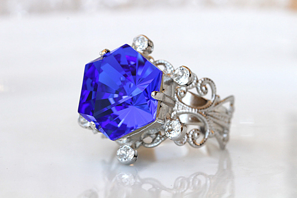 SAPPHIRE RING, Rebeka Engagement ring, Blue Stone Ring,Silver Ring, Women&#39;s Ring, Lace Cocktail Ring, Majestic Blue Ring,High Stone Ring