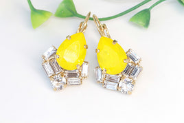 YELLOW LEMON EARRINGS, Bohemian Dangle Earring, Gift For Friend, Yellow Neon Earrings,Yellow Crystals Drop Earrings,Rebeka Woman Jewelry