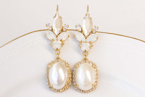 PEARL DROP EARRINGS, Rebeka White Opal Chandeliers, Ivory Pearl Dangle Earrings, Wedding Pearl Earrings, Statement Long Bridal Earrings
