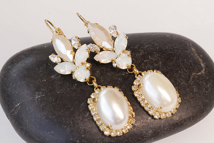 PEARL DROP EARRINGS, Rebeka White Opal Chandeliers, Ivory Pearl Dangle Earrings, Wedding Pearl Earrings, Statement Long Bridal Earrings