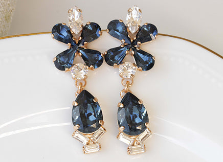 BRIDAL NAVY EARRINGS, Blue Navy Earrings, Rebeka Montana Earrings, Dark Blue Topaz Chandelier Earrings,Jewelry For Woman,Crystal Earrings