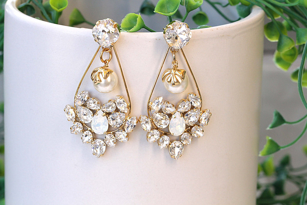 Swarovski Ceramic White Flower Sparkling Crystal Long Bridal Jewelry C –  TheMillenniumBride