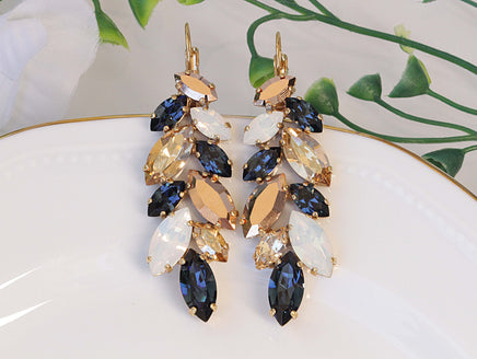 Rose Gold And Blue Navy WEDDING EARRINGS, Navy And Rose Gold Earrings, White Opal Earrings, Rebeka Earrings, Bridal Copper Drop Earrings