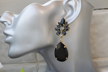 BLACK LONG EARRINGS, Crystal Chandeliers, Earrings For The Brides, Rebeka Teardrop Earrings, Dramatic Black Gray Earrings,Pageant Jewelry