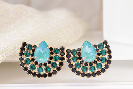 TURQUOISE EMERALD STUDS, Emerald Green Black Evening Earrings, Cluster Studs, Boho Bridal Jewelry, Rebeka Crystals Earrings, Gift For her