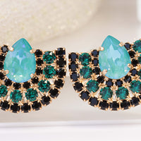 TURQUOISE EMERALD STUDS, Emerald Green Black Evening Earrings, Cluster Studs, Boho Bridal Jewelry, Rebeka Crystals Earrings, Gift For her