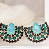 TURQUOISE EMERALD STUDS, Emerald Green Black Evening Earrings, Cluster Studs, Boho Bridal Jewelry, Rebeka Crystals Earrings, Gift For her