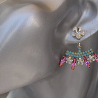 TURQUOISE EAR JACKET, Front Back Earrings, Turquoise And Fuchsia, Flowers Ear Jacket, Pink Ear Cuff, Double Earrings, Bridal Modern Earring