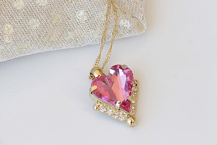 HEART MOM NECKLACE, Rebeka Bridal Necklace, Heart Shaped Jewelry, Sister Christmas Gift, Asymmetrical Necklace,Pink Tourmaline Necklace