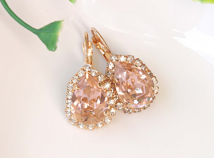 Vintage Bridal Earrings, Morganite Teardrop Earrings, Rose Gold Drop Earrings, Rebeka Crystal Blush Pink Jewelry, Bridesmaid Earring Set