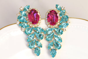 FUCHSIA TURQUOISE STUDS, Rebeka Earrings, Hot Pink Earrings, Statement Earrings, Boho Chic Bridal Earring, Cluster Studs, Formal Jewelry