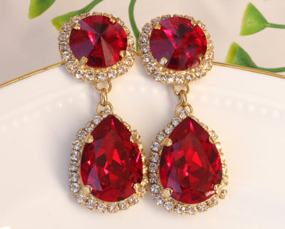 RUBY CHANDELIER EARRINGS, Gift for Wife, Bohemian Bridal Earrings, Red Rebeka Earrings, Red Dangle Bridesmaid Earrings, Anniversary Gift