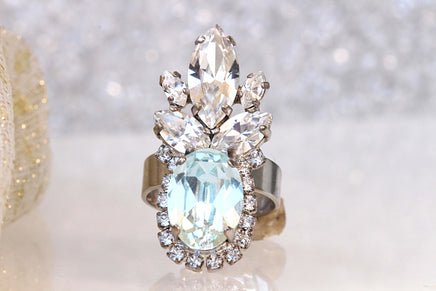 LIGHT BLUE RING, Aquamarine Crystal Ring, Boho Style Ring, Rebeka Ring, Anna Wintour Ring, Blue Cocktail Ring, Unique Engagement Ring,