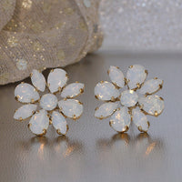 WHITE OPAL STUDS, Bridal Flower Earrings,Rebeka Crystals Stud Earrings, Statement Cluster Studs,Jewelry For Bride,Bridesmaid Wedding Gift