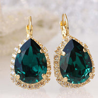 EMERALD GOLD EARRINGS, Emerald Rebeka Wedding, Dark Green Crystal Drop Earrings, Emerald Champagne Leverback earrings, Emerald Bridesmaid