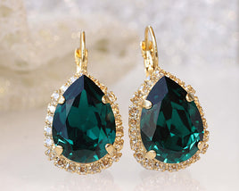 EMERALD GOLD EARRINGS, Emerald Rebeka Wedding, Dark Green Crystal Drop Earrings, Emerald Champagne Leverback earrings, Emerald Bridesmaid