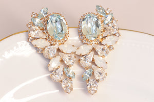 AQUAMARINE CLUSTER STUDS, Rebeka Earrings, Statement Bridal Earrings, Wedding Light Blue Earrings For Brides, Pastel Jewelry, White Opal