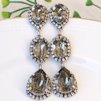 GRAY EARRINGS, Rebeka Wedding Long Earrings, Dark Antique Silver Chandelier Earrings, Bridal Black Diamond earrings,Woman Evening Jewelry