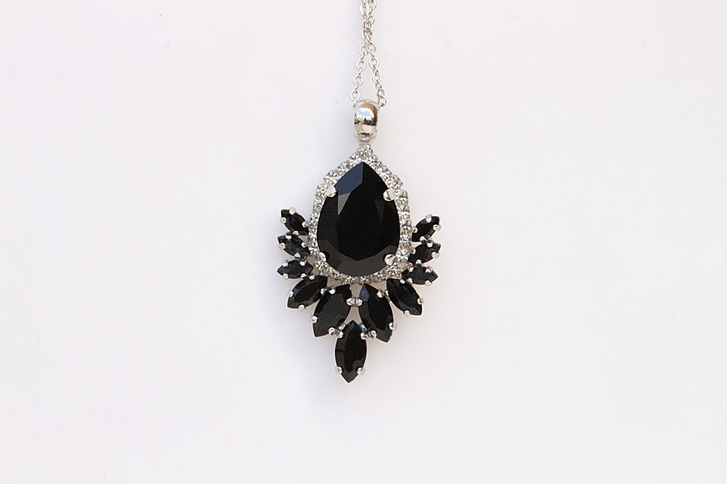 BLACK BRIDAL NECKLACE, Art Deco Formal Jewelry, Rebeka Jet Necklace, Teardrop Pendant, Woman Jewelry, Marquise Crystal Cluster Necklace