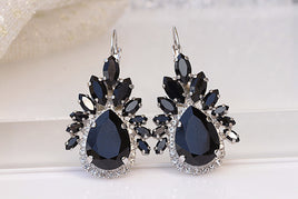BLACK BRIDAL EARRINGS, Art Deco Formal Earrings, Rebeka Jet Earrings, Statement Woman Jewelry, Marquise Crystal Cluster Drop Earrings
