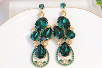 EMERALD CHANDELIER EARRINGS, Rebeka Statement Earrings For Evening, Wedding Oversized Dark Green Earrings, Bridal Long Earrings, Cocktail