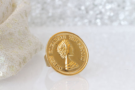 GOLD COIN RING, Ancient Coin Ring, Queen Elizabeth  Coin Jewelry,Adjustable Ring, Statement Ring,Old Coin Signet Ring for Women,British ring