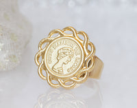 ELIZABETH SECOND COIN Ring, Gold Coin ring, Vintage ring, Signet ring, Flat ring, Queen Elizabeth&#39;s Coin Jewelry, Retro Ring, Filigree Ring