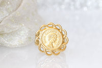 ELIZABETH SECOND COIN Ring, Gold Coin ring, Vintage ring, Signet ring, Flat ring, Queen Elizabeth&#39;s Coin Jewelry, Retro Ring, Filigree Ring