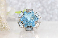 AQUAMARINE RING, Rebeka Crystal, Star Ring, Cocktail Ring, Gift For Women, Unique Ring, Light Blue Stone Ring, Baguette Stone Ring, Xmas