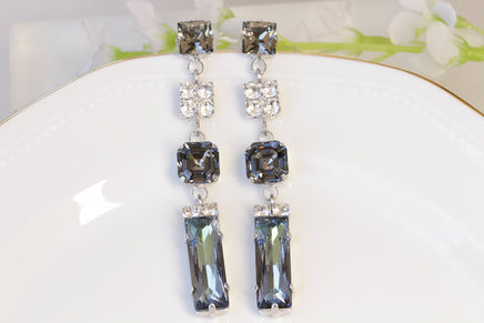 GRAY LONG EARRINGS, Rebeka Evening Earrings, Lightweight Earrings, Mother Chandeliers, Bridal Black Diamond earring,Square Dangle Earring