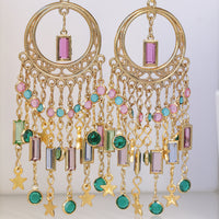Shoulder Dusters Earrings,  COLORFUL Gipsy Earrings, TASSEL Earrings, Fringes Earrings, Bohemian Dangling Earrings, Oversized Pink Emerald