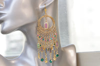 Shoulder Dusters Earrings,  COLORFUL Gipsy Earrings, TASSEL Earrings, Fringes Earrings, Bohemian Dangling Earrings, Oversized Pink Emerald