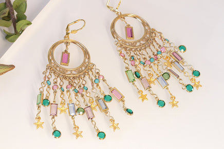 Shoulder Dusters Earrings,  COLORFUL Gipsy Earrings, TASSEL Earrings, Fringes Earrings, Bohemian Dangling Earrings, Oversized Pink Emerald