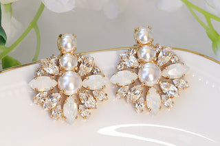 PEARL BRIDAL EARRINGS, Wedding Pearl Earrings, Rebeka White Opal Crystal Earrings, Pearl Cluster Studs,Bridesmaid Gift,Bridal Shower Gift