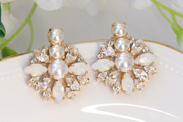 PEARL BRIDAL EARRINGS, Wedding Pearl Earrings, Rebeka White Opal Crystal Earrings, Pearl Cluster Studs,Bridesmaid Gift,Bridal Shower Gift