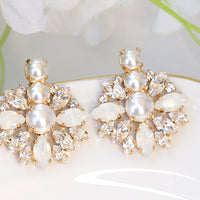 PEARL BRIDAL EARRINGS, Wedding Pearl Earrings, Rebeka White Opal Crystal Earrings, Pearl Cluster Studs,Bridesmaid Gift,Bridal Shower Gift