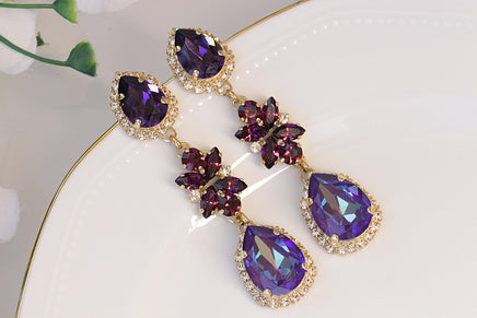 PURPLE LONG EARRINGS, Amethyst Bridal Earring,Wedding Deep Purple Jewelry, Woman Chandeliers, Rebeka Evening earring, Dark Purple Earring