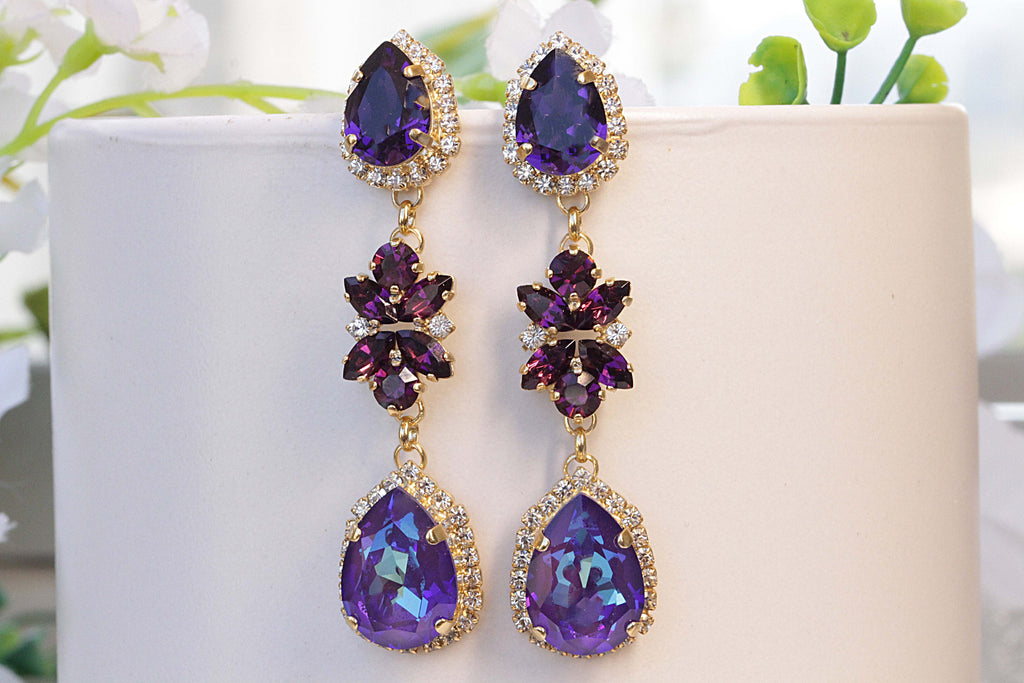 Pearl earrings dark purple amethyst. Modern pearl jewelry