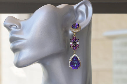 PURPLE LONG EARRINGS, Amethyst Bridal Earring,Wedding Deep Purple Jewelry, Woman Chandeliers, Rebeka Evening earring, Dark Purple Earring