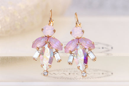 PINK OPAL Earrings, Rebeka Bridal Earrings, Ab Crystal Earrings Bridesmaid Gift, Drop Earrings, Leverback Baby Pink Earring, Gift For Her