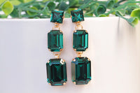 EMERALD DROP EARRINGS, Simple Earrings, Rebeka Earrings, Bridal Stones Earrings, Emerald Green Bezel Earrings,Wedding Long Square Earring